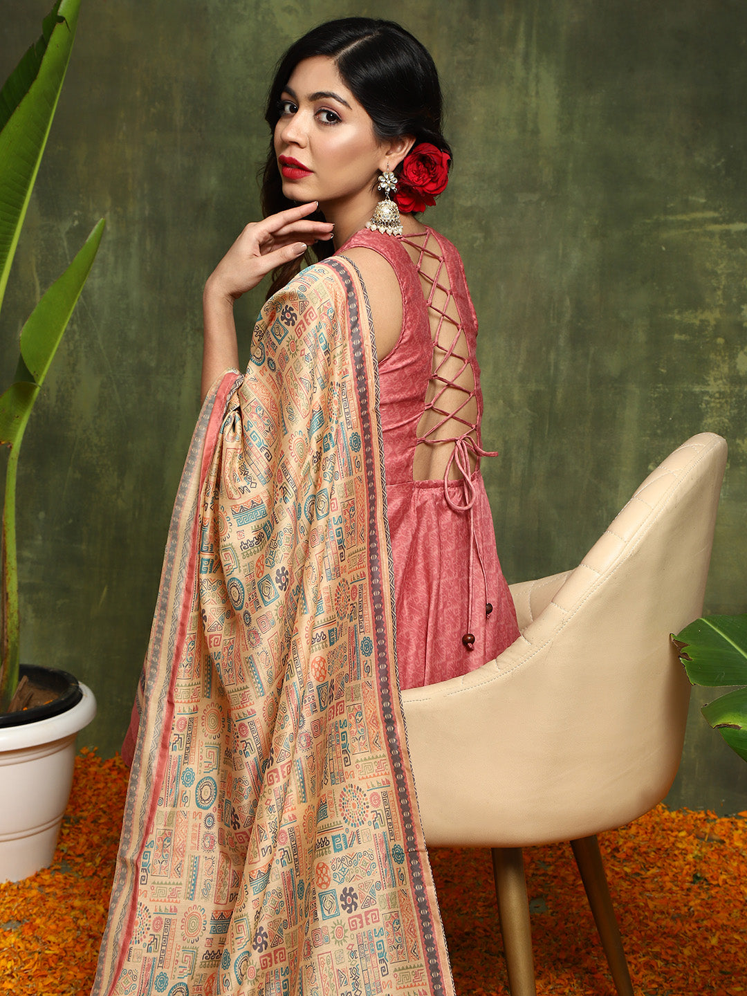 Nude Geomatric Print Anarkali Pant With Dupatta