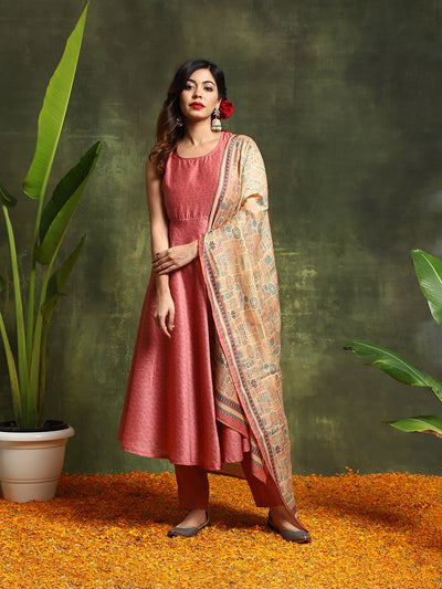 Nude Geomatric Print Anarkali Pant With Dupatta