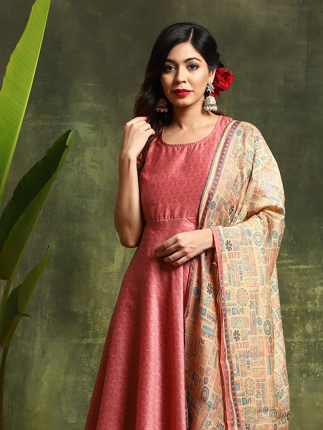 Nude Geomatric Print Anarkali Pant With Dupatta