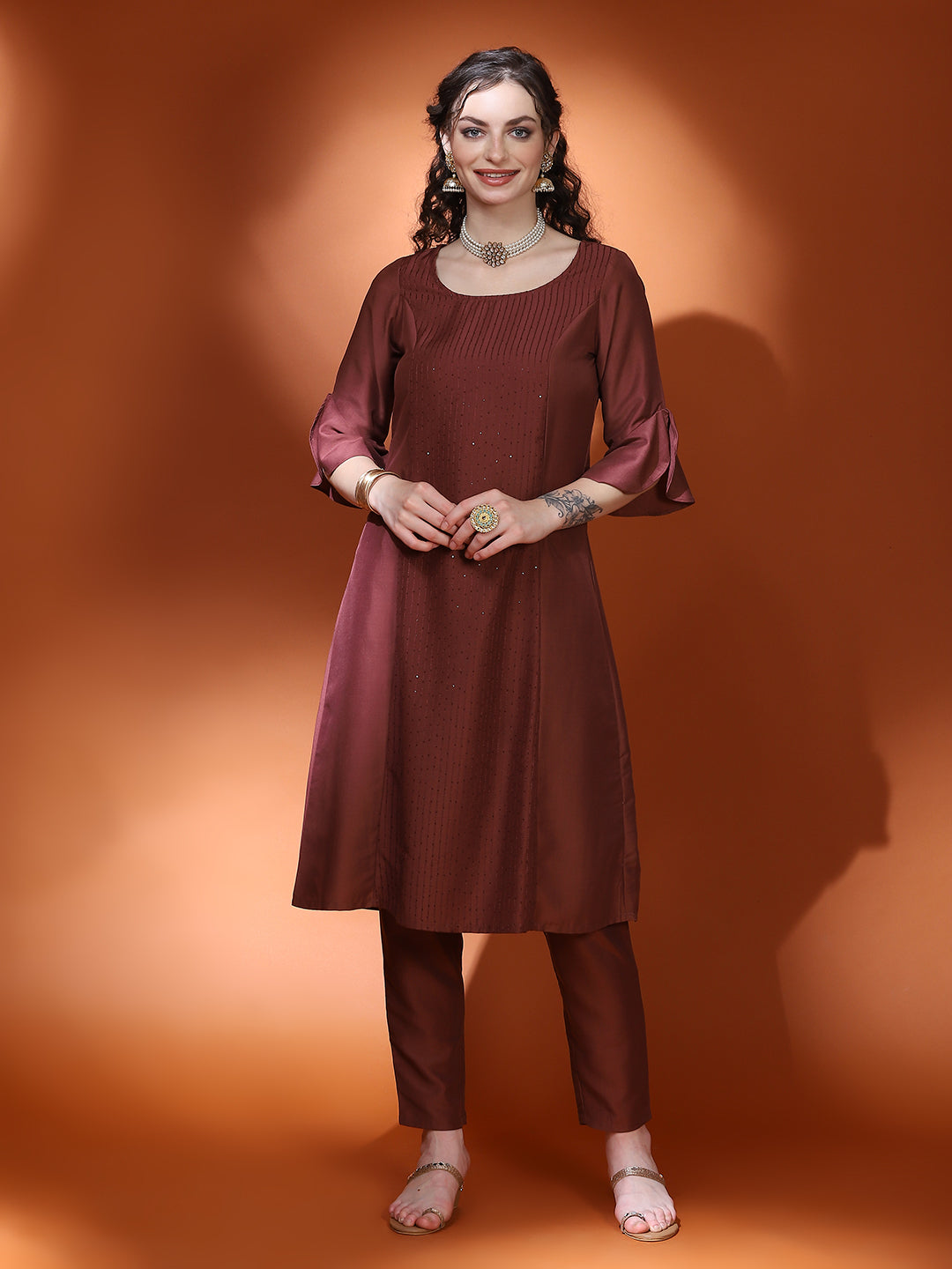 Brown Sequin A-Line Kurta With Pant