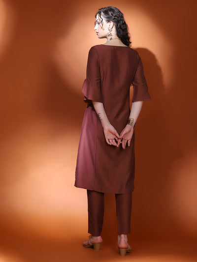 Brown Sequin A-Line Kurta With Pant