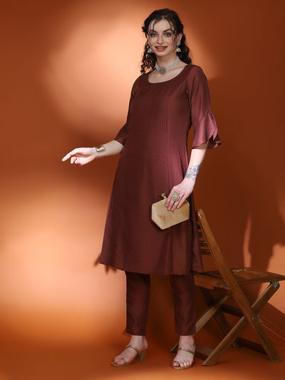 Brown Sequin A-Line Kurta With Pant