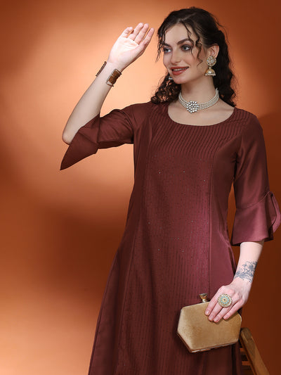 Brown Sequin A-Line Kurta With Pant