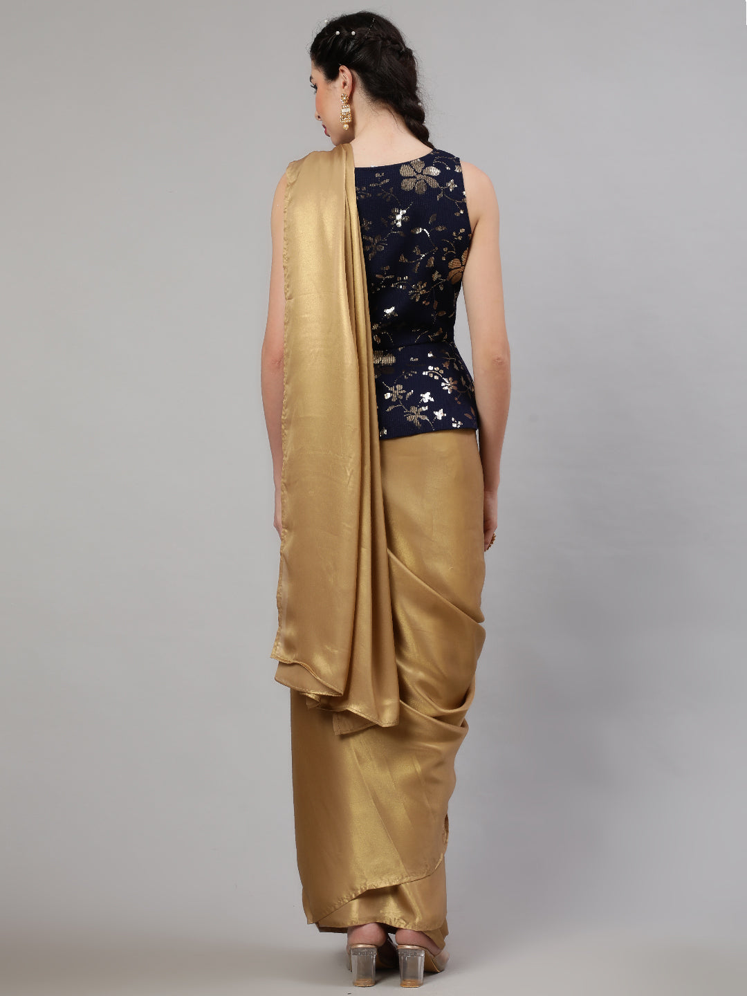 Beige & Blue Embellished Saree With Blouse