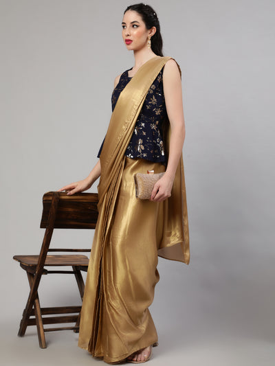 Beige & Blue Embellished Saree With Blouse