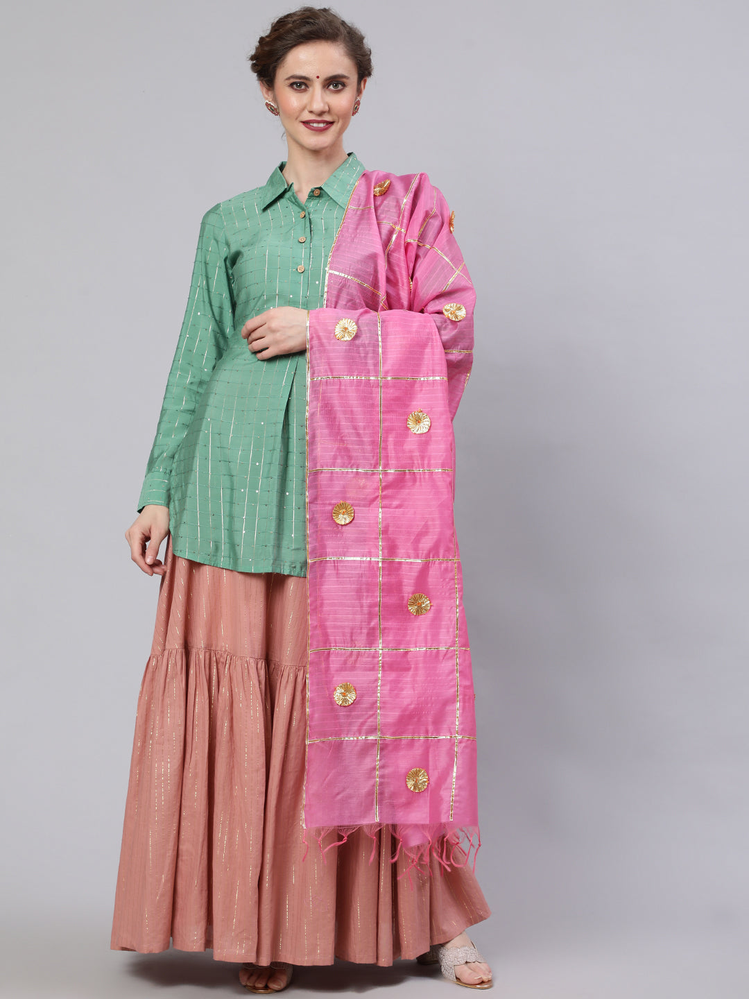 Green & Pink Sequin Lehenga Choli With Dupatta