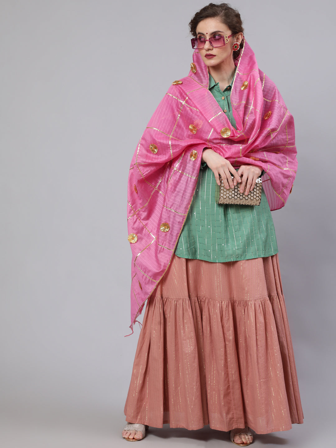 Green & Pink Sequin Lehenga Choli With Dupatta