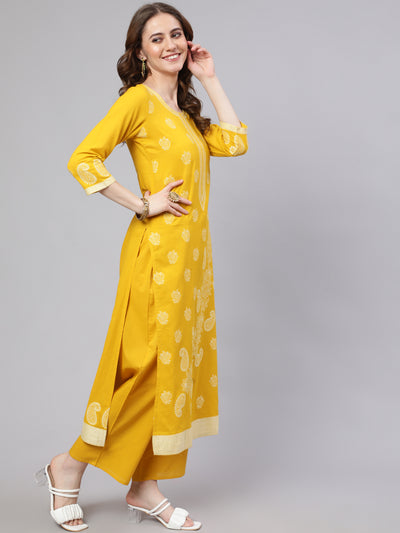 Yellow Cotton Jacquard Kurta Set With Dupatta