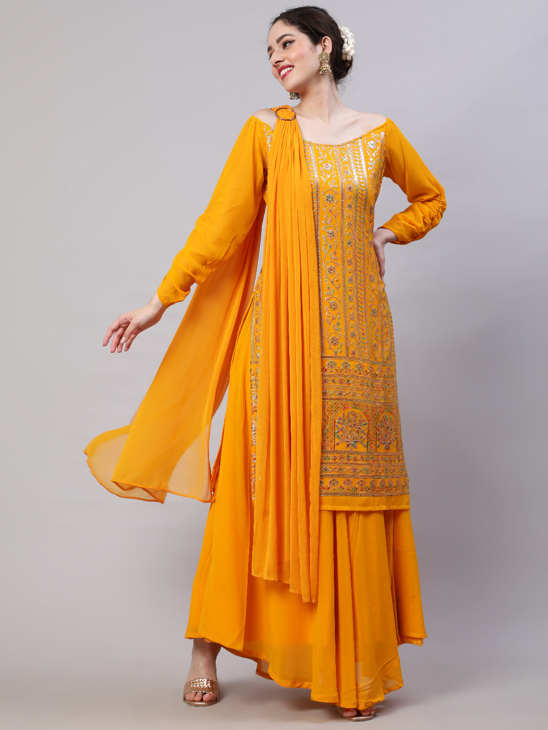 Yellow Sequin Kurta Skirt With Dupatta