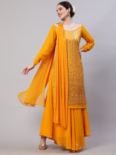 Yellow Sequin Kurta Skirt With Dupatta