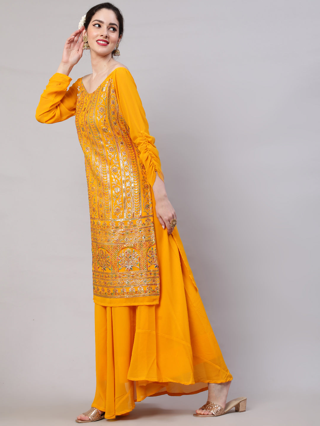 Yellow Sequin Kurta Skirt With Dupatta