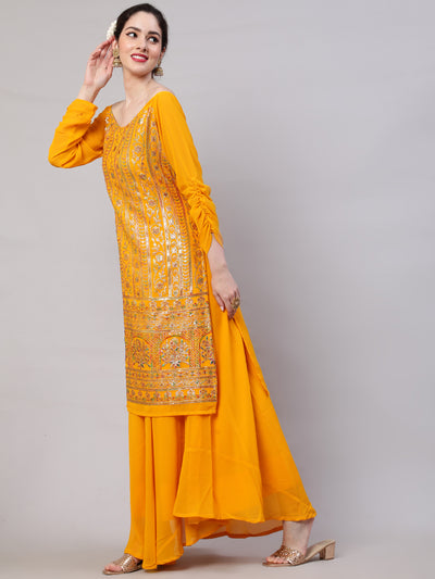 Yellow Sequin Kurta Skirt With Dupatta