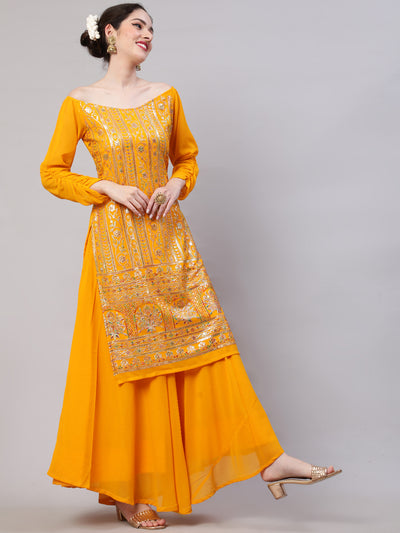 Yellow Sequin Kurta Skirt With Dupatta