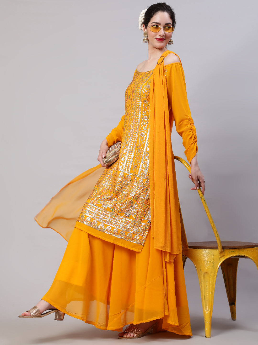 Yellow Sequin Kurta Skirt With Dupatta