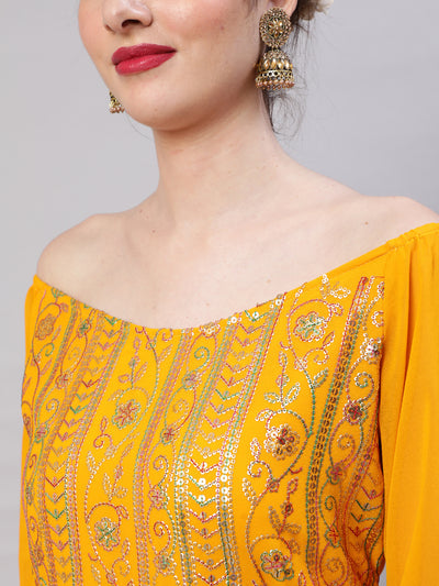 Yellow Sequin Kurta Skirt With Dupatta
