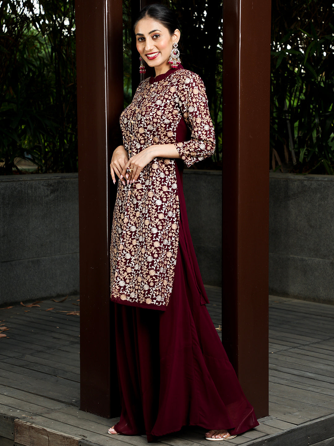 Wine Floral Embroidered Kurta With Skirt