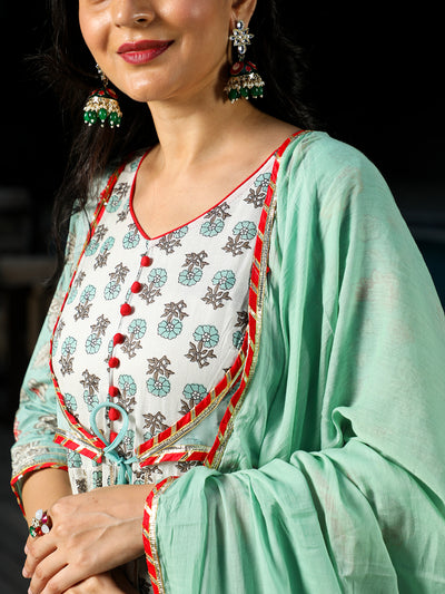 Pastel Green Floral Print Anarkali Sharara With Dupatta
