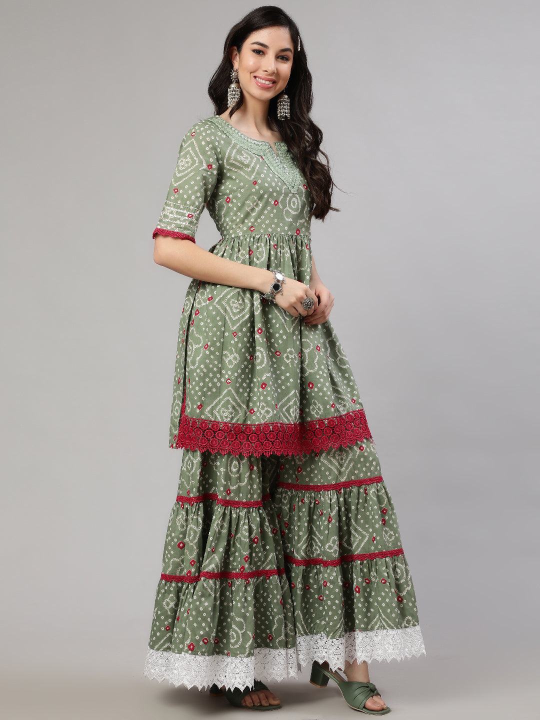 Green Nyra-Cut Kurta Sharara With Dupatta