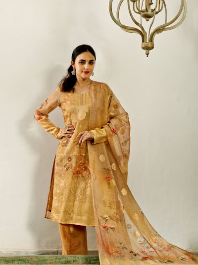 Gold Woven Designed Kurta Palazzo With Dupatta