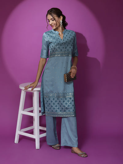 Blue Embroidered Kurta With Palazzo