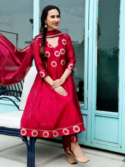 Magenta Woven Designed Anarkali Pant With Dupatta