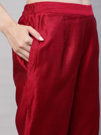Magenta Woven Designed Anarkali Pant With Dupatta