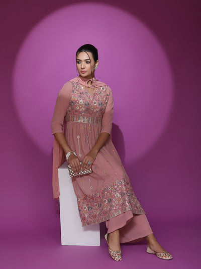 Pink Embroidered Nyra-Cut Kurta Palazzo With Dupatta