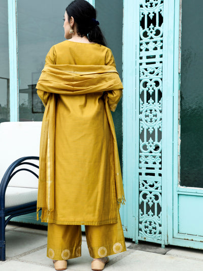Mustard Embellished Kurta Palazzo With Dupatta