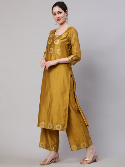 Mustard Embellished Kurta Palazzo With Dupatta