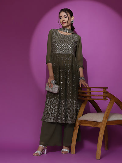 Green Embroidered Nyra-Cut Kurta Palazzo With Dupatta