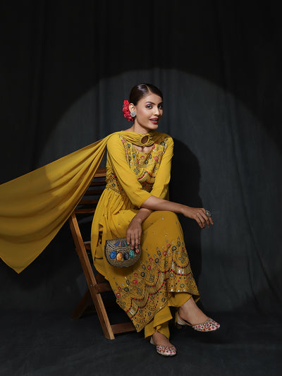 Yellow Embroidered Nyra-Cut Kurta Palazzo With Dupatta