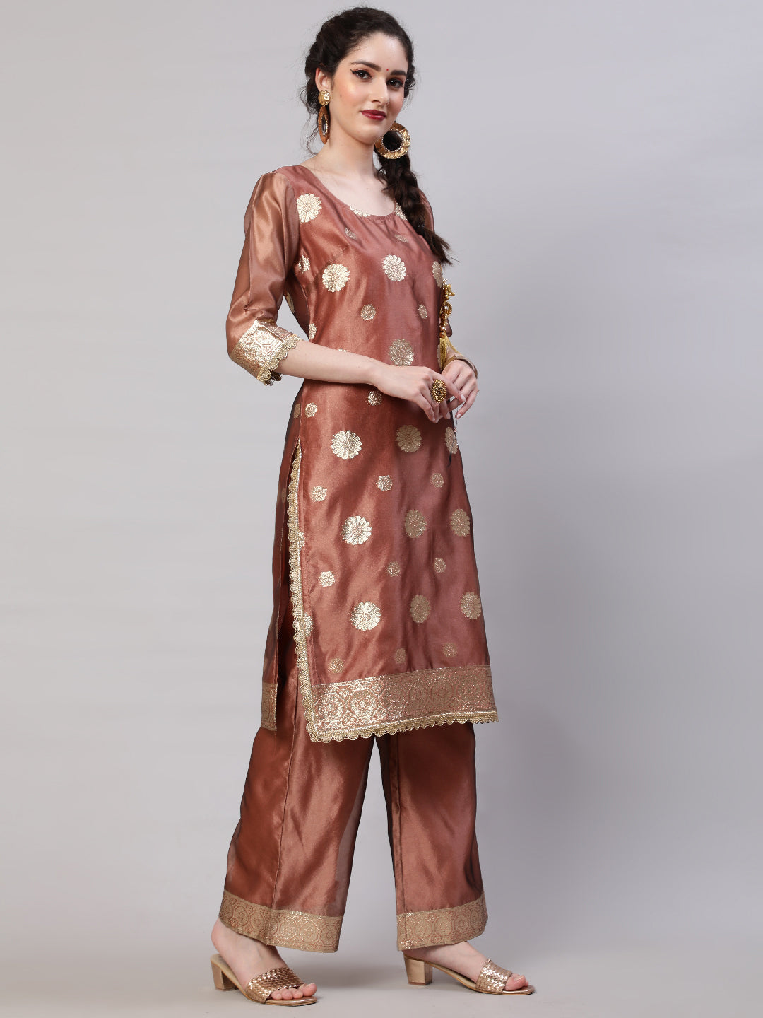 Rose Gold Embellished Kurta Palazzo With Dupatta