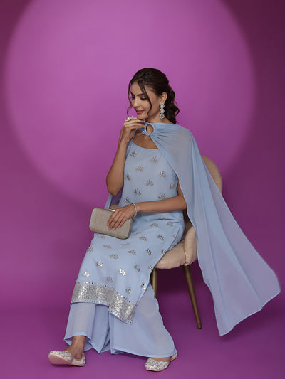 Blue Embroidered Kurta Sharara With Dupatta