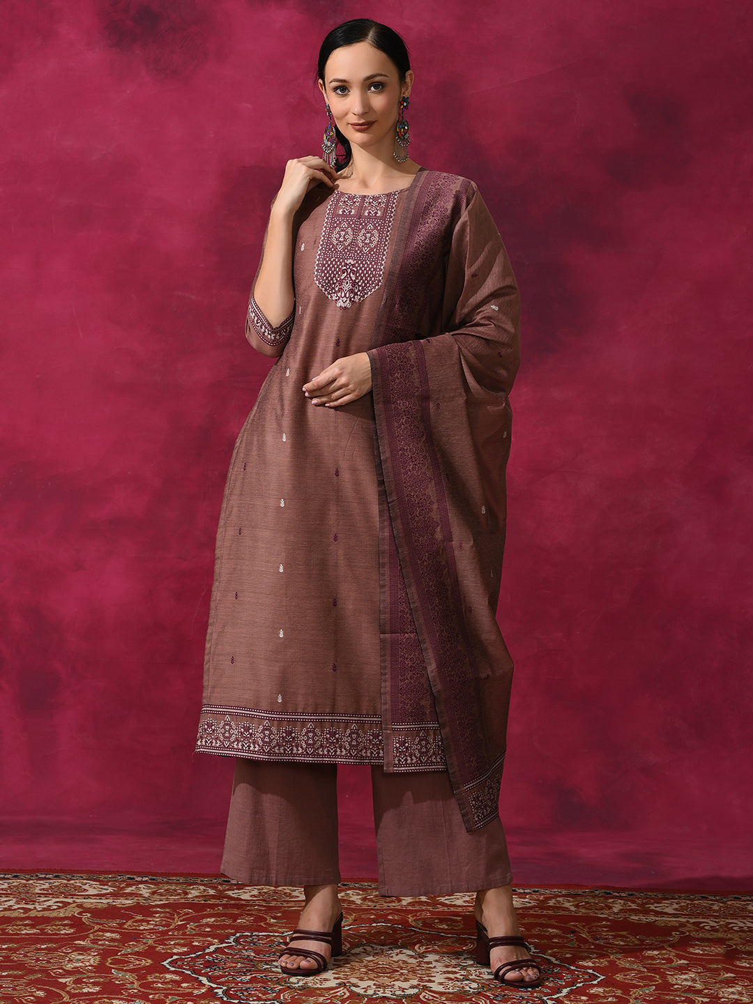 Rust Woven Designed Kurta Palazzo With Dupatta