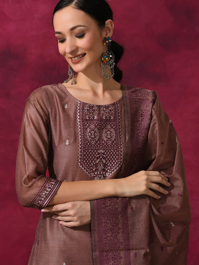 Rust Woven Designed Kurta Palazzo With Dupatta