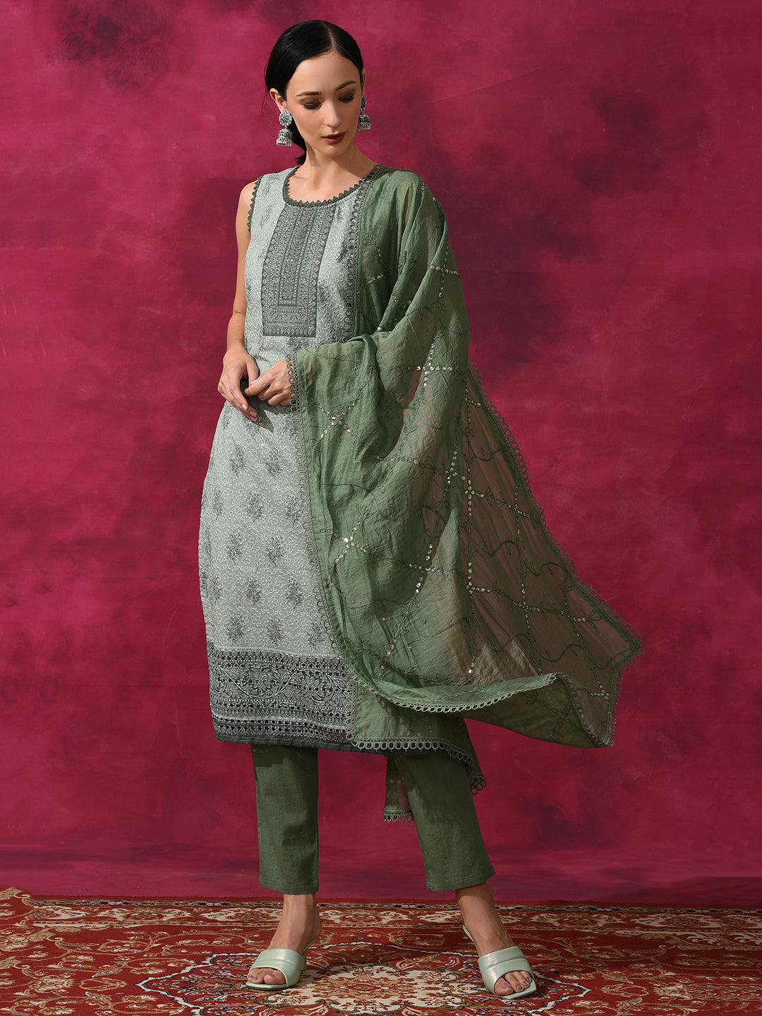 Olive Schiffle Work Kurta Pant With Dupatta