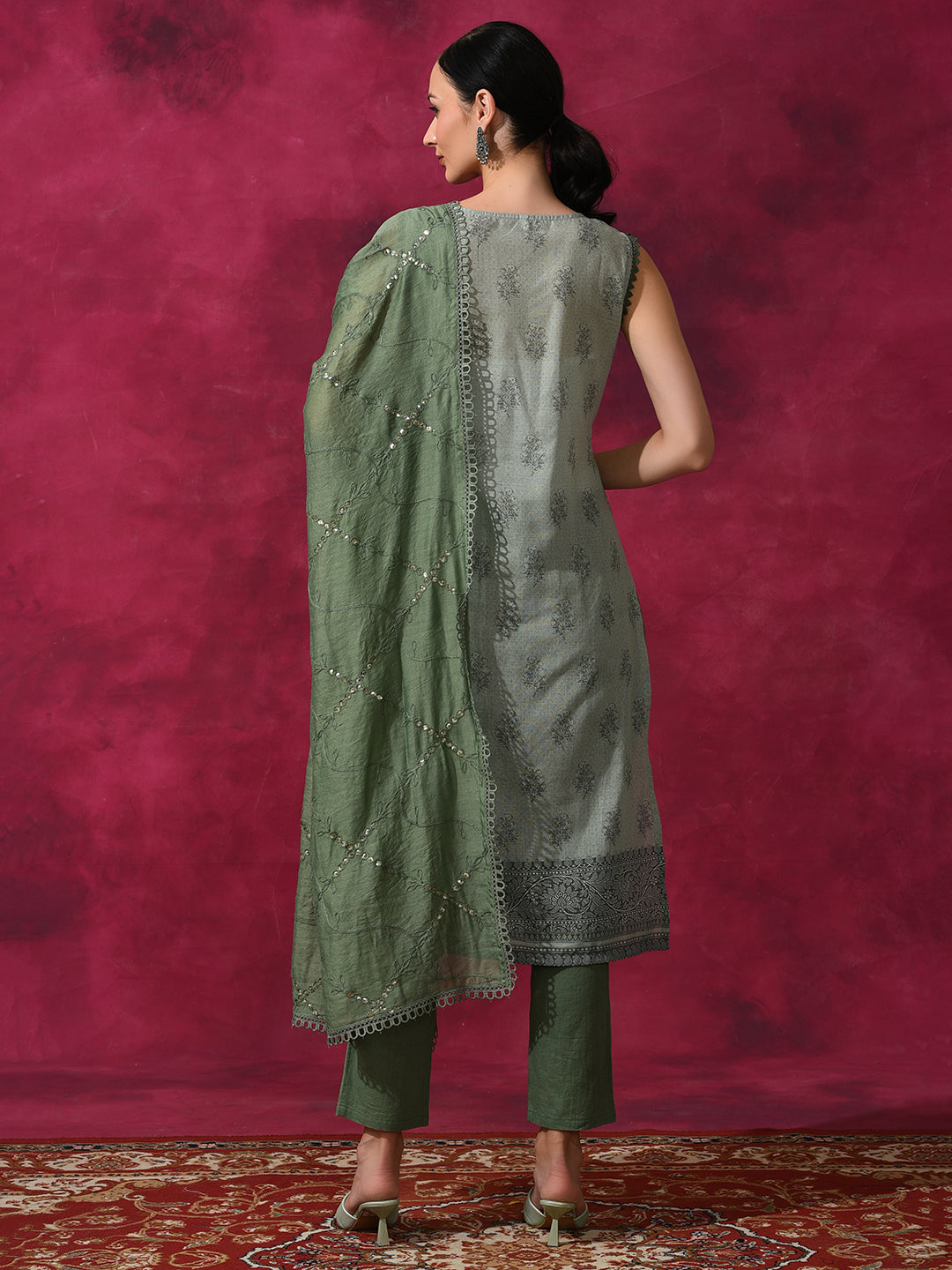 Olive Schiffle Work Kurta Pant With Dupatta