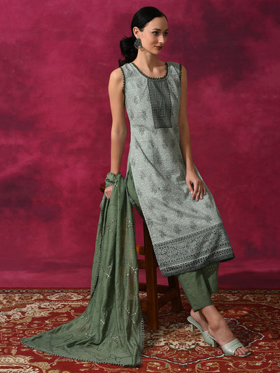 Olive Schiffle Work Kurta Pant With Dupatta