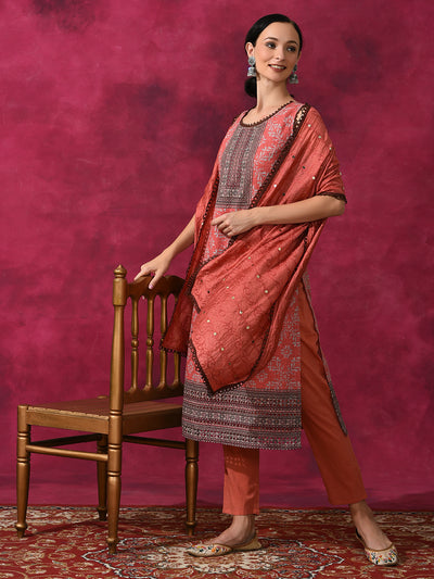 Orange Schiffle Work Kurta Pant With Dupatta