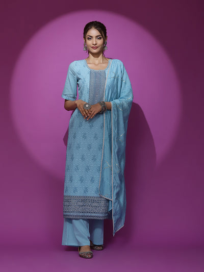 Turquoise Blue Schiffli Work Kurta Palazzo With Dupatta