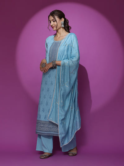 Turquoise Blue Schiffli Work Kurta Palazzo With Dupatta