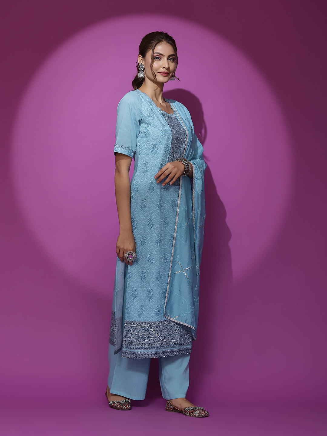 Turquoise Blue Schiffli Work Kurta Palazzo With Dupatta