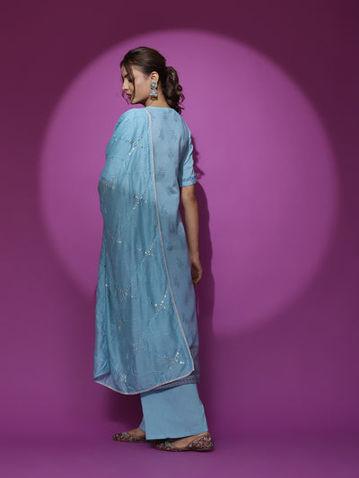 Turquoise Blue Schiffli Work Kurta Palazzo With Dupatta