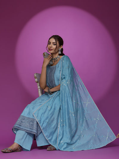 Turquoise Blue Schiffli Work Kurta Palazzo With Dupatta