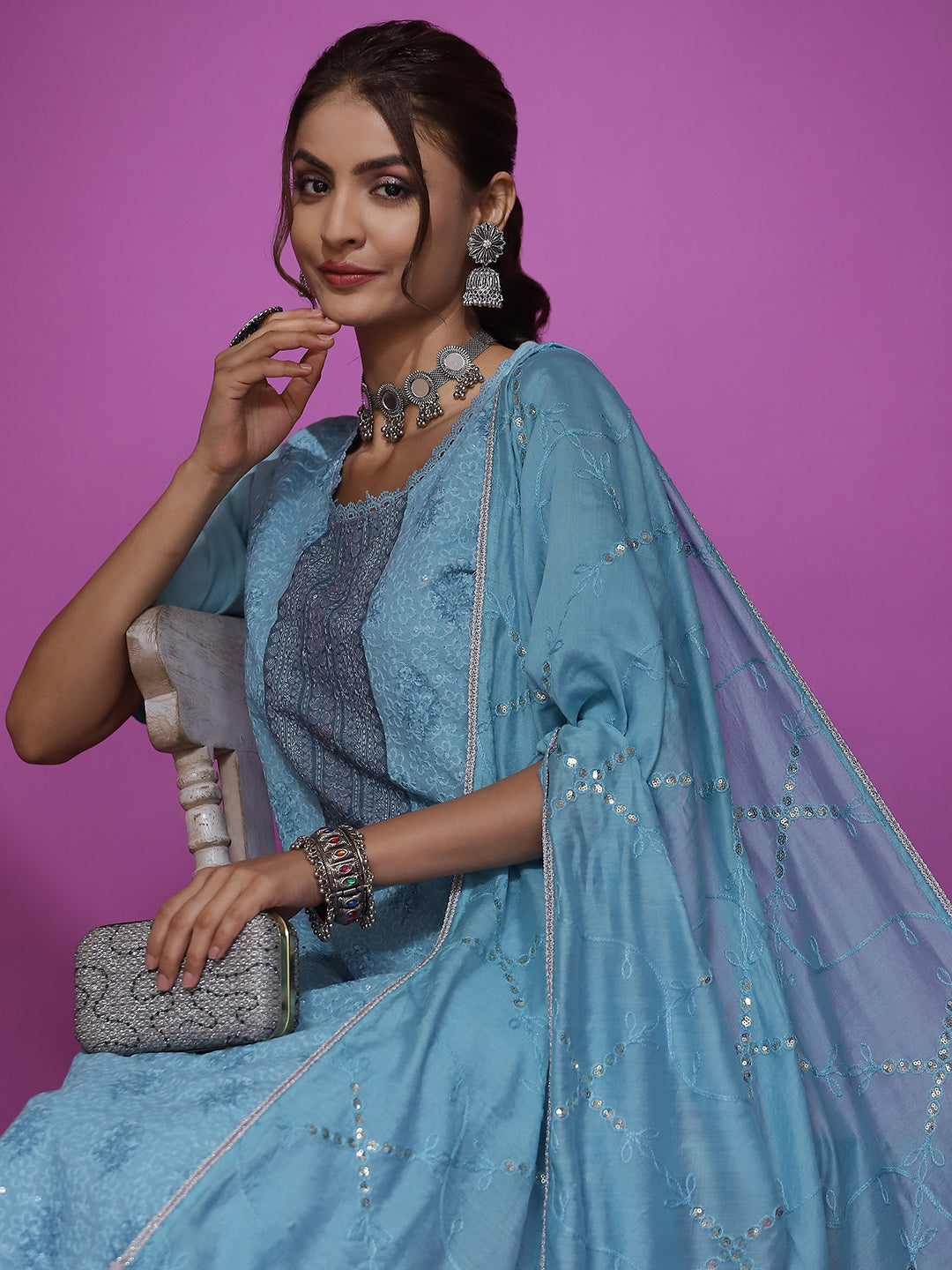 Turquoise Blue Schiffli Work Kurta Palazzo With Dupatta