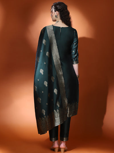 Dark Green Jacquard Kurta Pant With Dupatta