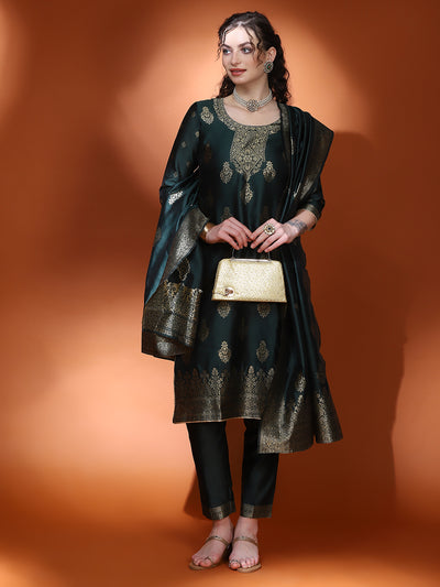 Dark Green Jacquard Kurta Pant With Dupatta