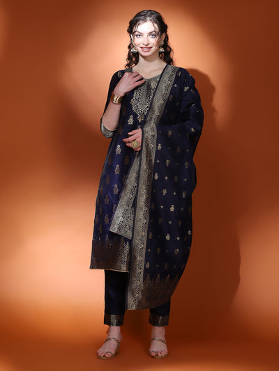 Navy Blue Jacquard Kurta Pant With Dupatta