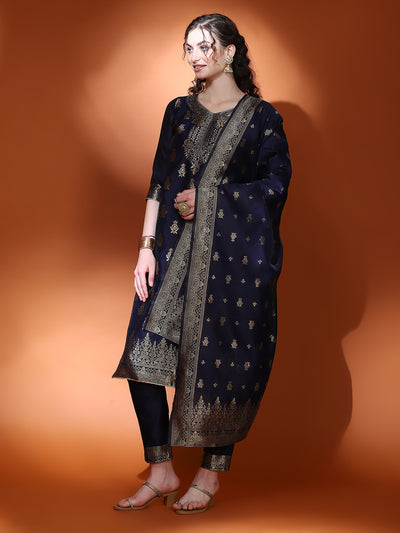 Navy Blue Jacquard Kurta Pant With Dupatta