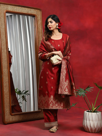 Red Woven Designed Kurta Palazzo With Dupatta